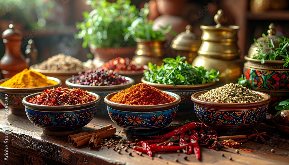 Fototapeta premium A vibrant collection of colorful spices and herbs arranged in decorative bowls on a rustic wooden surface, showcasing the richness of culinary ingredients