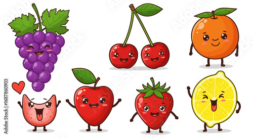 Collection of cute cartoon fruits with happy