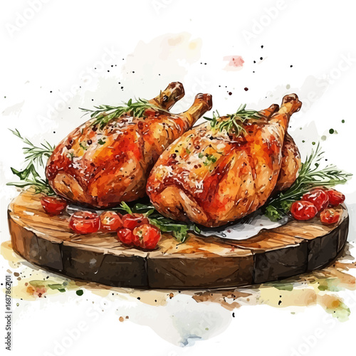 Duck Roast, watercolor vector, isolated on a white background.