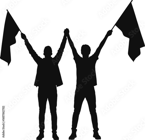 Two Men Holding Flags Silhouette – Victory Celebration Unity Symbol