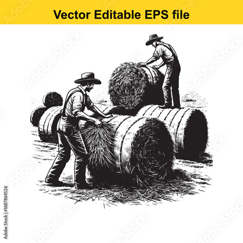 Two farmers in hats and overalls rolling hay bales in a field