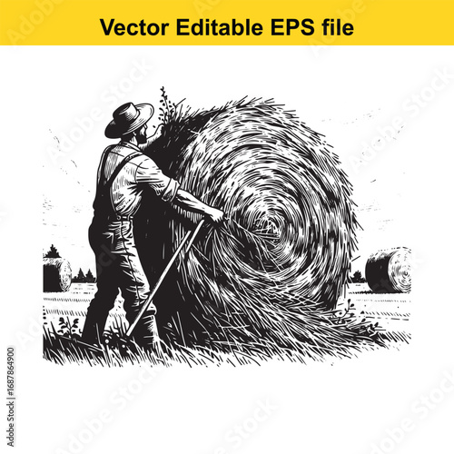 Farmer with straw bale in field, vector illustration