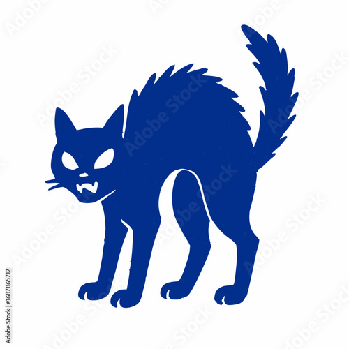 Blue scary black cat with arched back and sharp fangs in Halloween illustration style 
