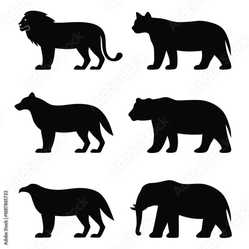 Black animal silhouettes lion tiger wolf bear elephant eagle vector