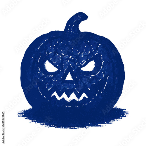Dark blue jack o lantern pumpkin with angry face in textured Halloween illustration 
