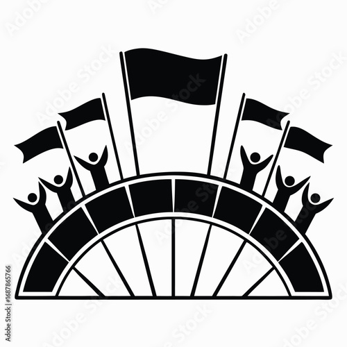 Black crowd cheering with flags on stadium structure silhouette