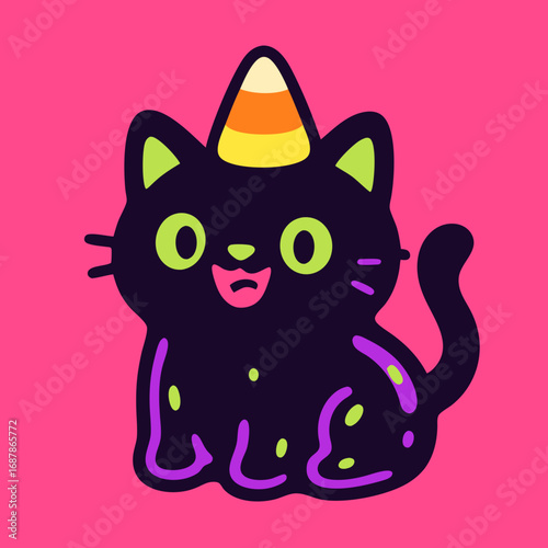 Adorable black cat with candy corn hat in colorful pop candy pink Halloween style 
