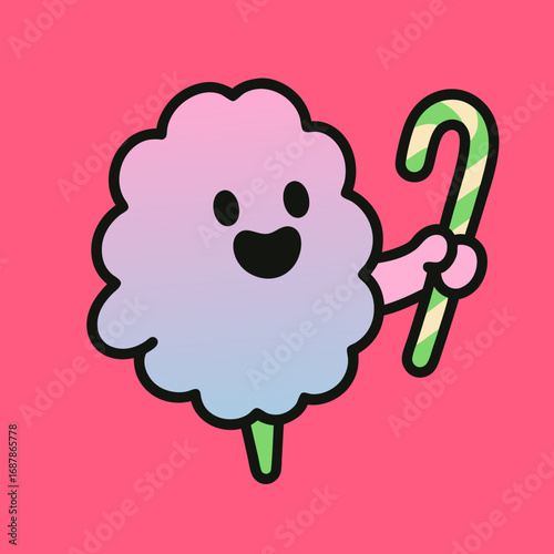 Cute pastel cotton candy ghost holding green candy cane in pop candy pink Halloween theme 
