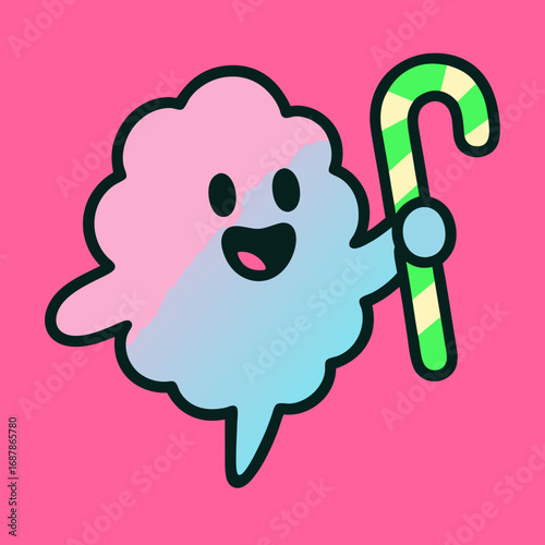 Happy cotton candy ghost holding candy cane in colorful pop candy pink Halloween design 
