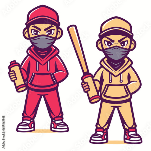Cartoon characters red yellow hoodies masks baseball bat spray can vector