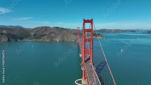 Aerial View in San Francisco, California, USA of The Golden Gate Bridge on January 5, 2025 - Drone Showcases Boats, Ships, Pacific Ocean, and the Bay Area on the Pacific Coast Highway 101