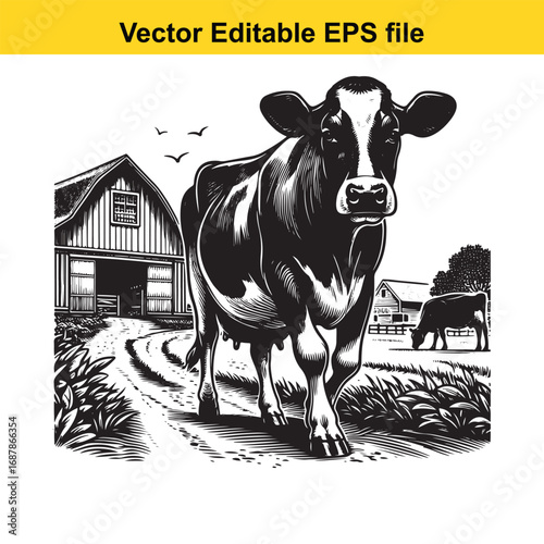 Black and white illustration of a cow walking on a farm path with barns and another cow