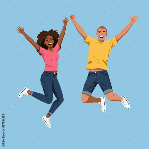 Joyful diverse young people jumping with arms raised, celebrating happiness and success. Energetic friends having fun.