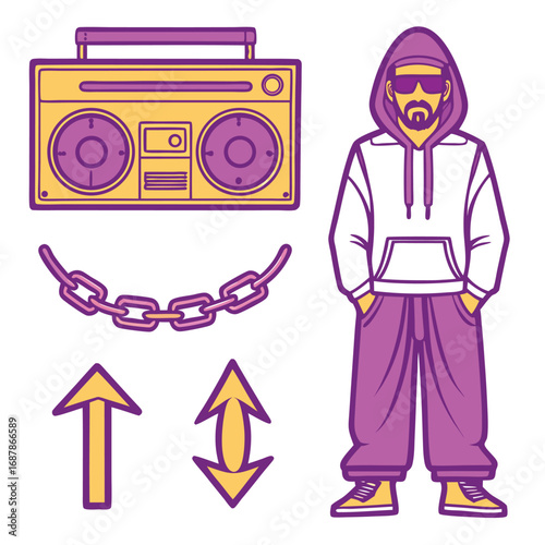 Hip hop character boombox chain and arrows gangster doodle
