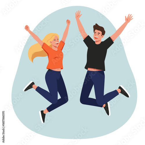 Joyful Young Couple Jumping. Happy Man and Woman Celebrating Success with Raised Arms. Happiness and Victory Concept.