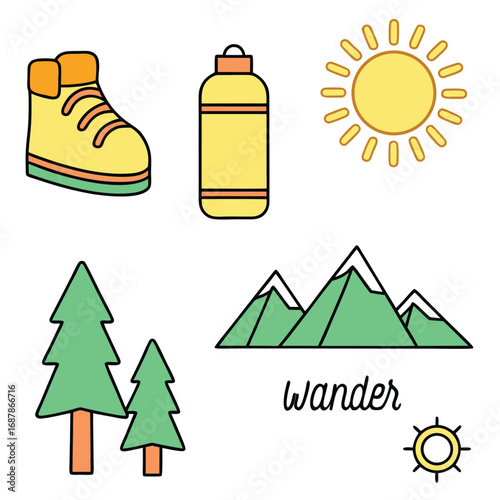 Outdoor adventure doodle icons hiking boot water bottle sun mountains trees word wander vector
