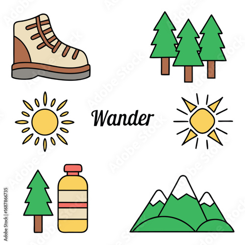 Outdoor adventure doodle icons set hiking boots trees sun water bottle mountains vector