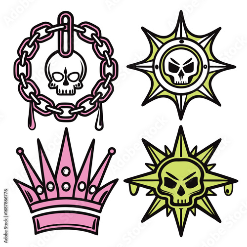 Pink crown and skull chain with spiky sunburst skulls green