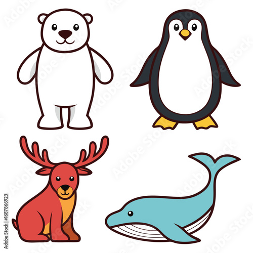 Polar bear penguin reindeer whale cartoon characters arctic animals