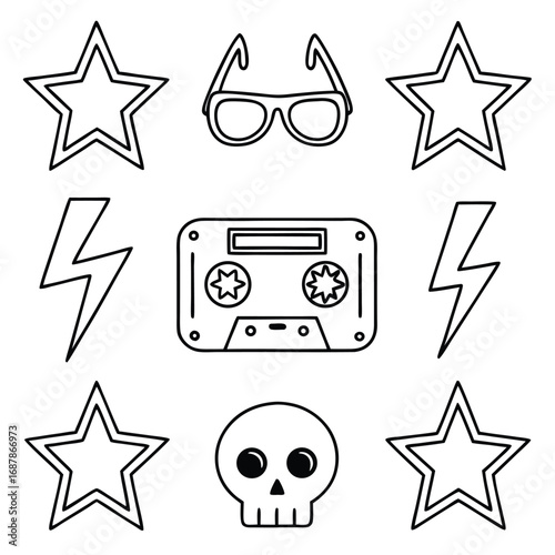 Retro rock and roll icons stars lightning bolts