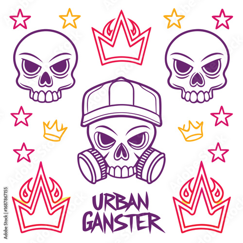 Skull gas mask crown stars urban gangster graffiti vector