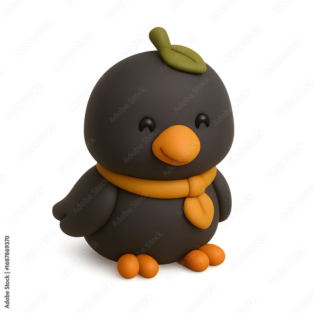 Naklejka premium 3D cartoon-style bird character in black with orange beak, feet, scarf, and a green leaf on the head 