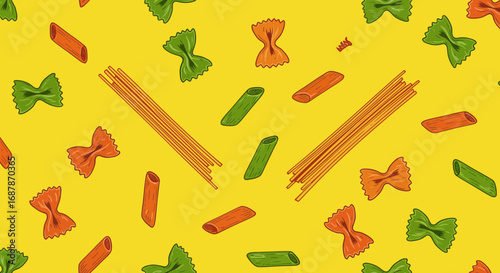Colorful Pasta Variety Seamless Pattern on Yellow Background - Culinary Delights