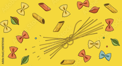 Hand-drawn Italian Pasta Types Seamless Pattern on a Yellow Background Illustration