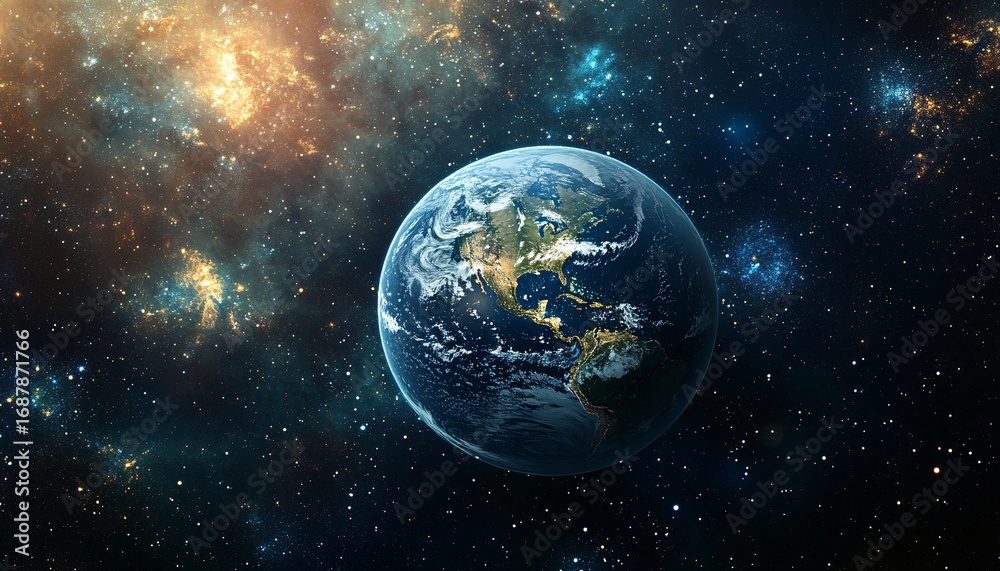 Obraz premium A detailed image shows planet Earth with North and South America prominently displayed, set against a backdrop of vibrant nebulae and distant stars.