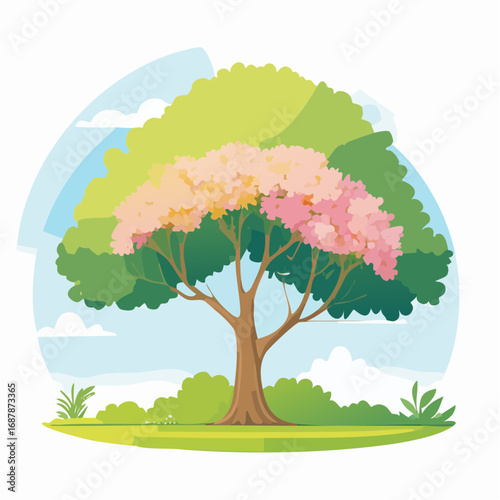 Vector watercolor blooming flower tree side view isolated on white background for landscape and architecture drawing, elements for environment or and garden,Sakura trees for .