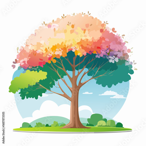 Vector watercolor blooming flower tree side view isolated on white background for landscape and architecture drawing, elements for environment or and garden,Sakura trees for .