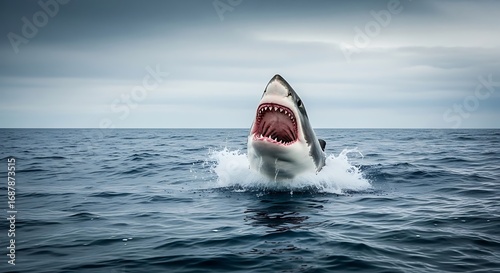 Powerful Great White Shark breaches ocean surface with wide open mouth and sharp teeth, creating dramatic splash.