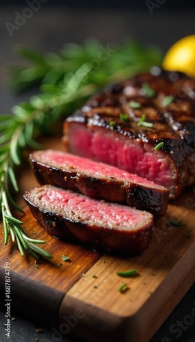 Juicy grilled steak, perfectly seared on the outside, with a tender, pink interior  Served on a rustic wooden board with rosemary sprigs , food, tasty, culinary