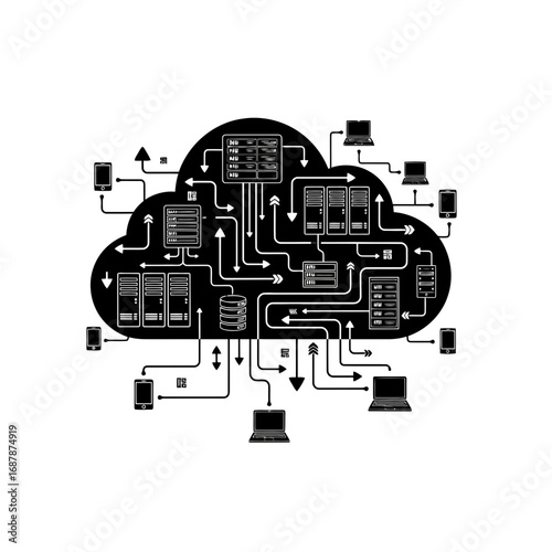 Cloud computing network diagram silhouette isolated on white background