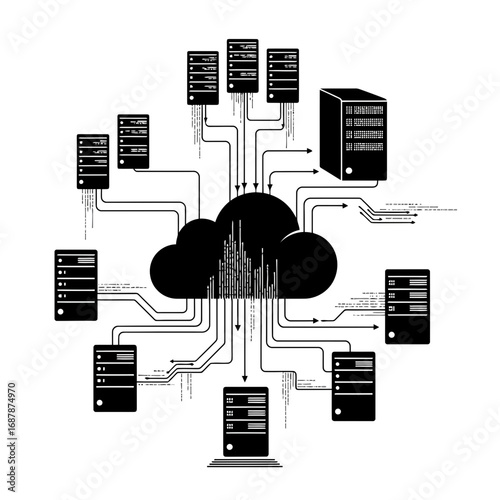 Cloud computing network servers connected silhouette isolated on white background