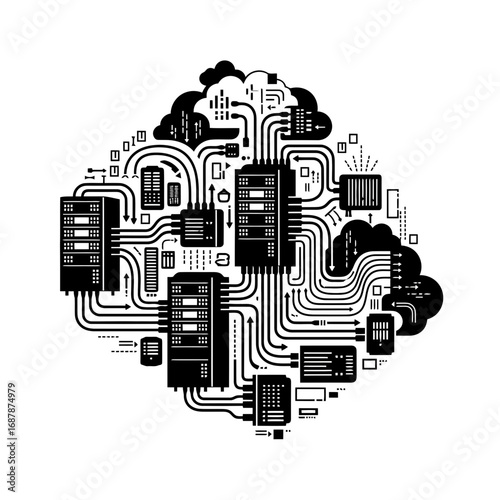 Abstract network data flow silhouette isolated on white background