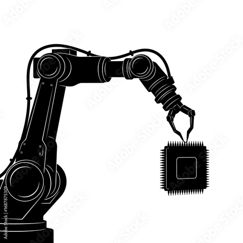 Robotic arm holding a computer chip silhouette isolated on white background