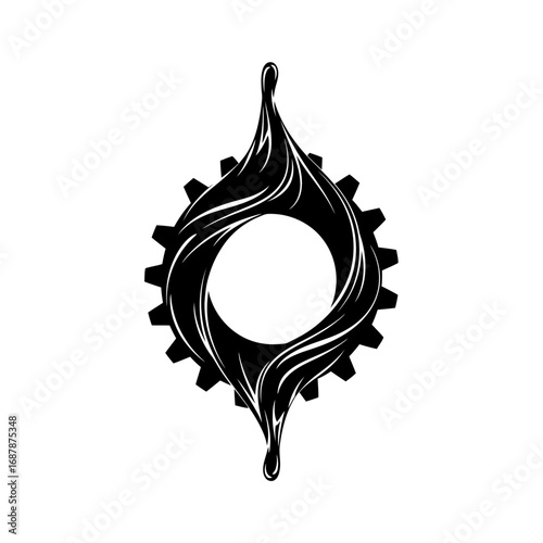 Abstract gear silhouette with flowing liquid isolated on white background