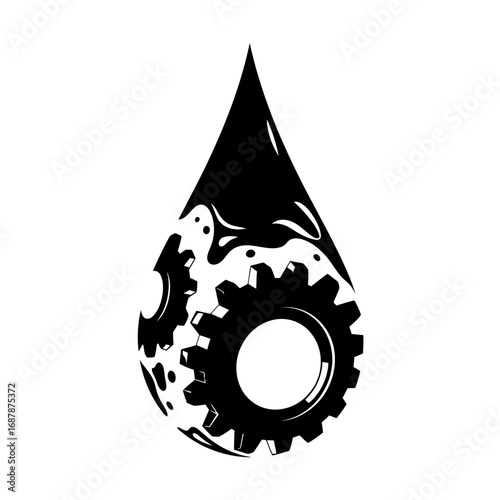 Gears inside a liquid drop silhouette isolated on white background