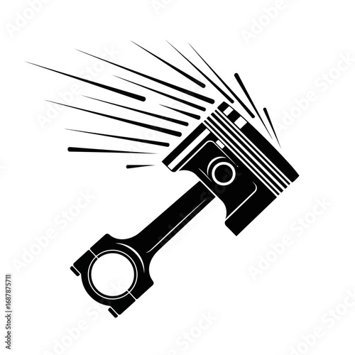 Piston and connecting rod silhouette with motion lines isolated on white background