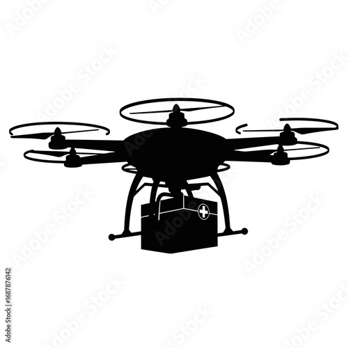 Medical drone delivering aid package silhouette isolated on white background