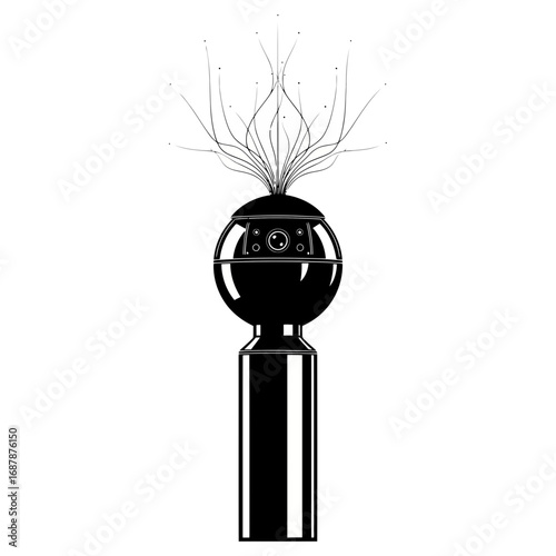 Futuristic spherical device with emerging tendrils silhouette isolated on white background