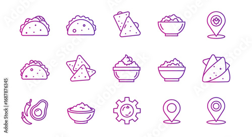 I need a detailed description, 6-180 characters, no keyword lists.     *   Looks like a set of Mexican food icons, including tacos, burritos, nachos, guacamo...