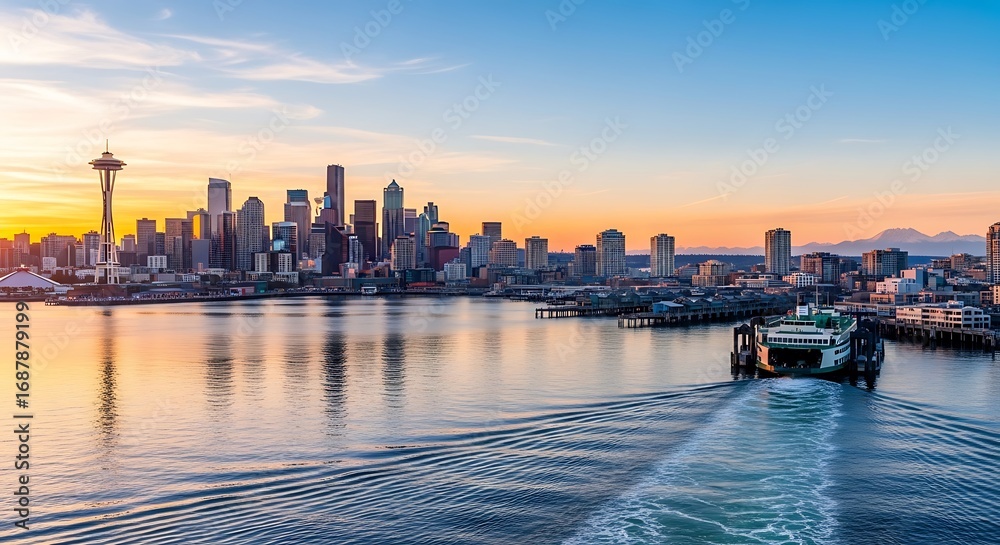 Fototapeta premium Seattle sunset with ferry departs.