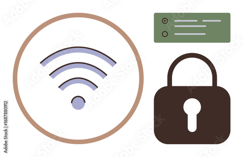 wireless signal, padlock, server panel reflecting secure internet connection, network safety, data privacy. Ideal for cybersecurity, ISP services, IoT technology, privacy cloud storage encryption