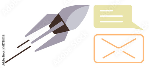 Rocket taking off next to chat bubble and envelope, illustrating speed, progress, and digital communication. Ideal for business, technology, messaging, innovation, growth startups simple flat