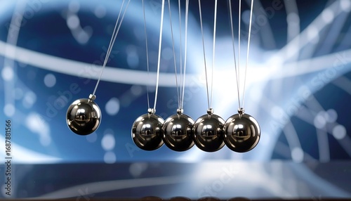 A Newton's cradle, with five polished steel spheres suspended by wires. 