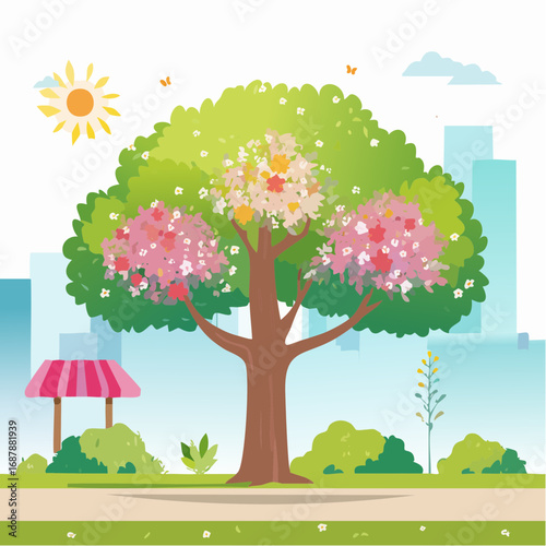 Vector watercolor blooming flower tree side view isolated on white background for landscape and architecture drawing, elements for environment or and garden,Sakura trees for .