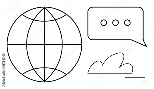 Wireframe globe, cloud, and speech bubble with three dots representing communication, connectivity, and technology. Ideal for communication, networking, globalization, digital platforms cloud