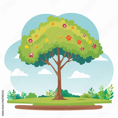Vector watercolor blooming flower tree side view isolated on white background for landscape and architecture drawing, elements for environment or and garden,Sakura trees for .